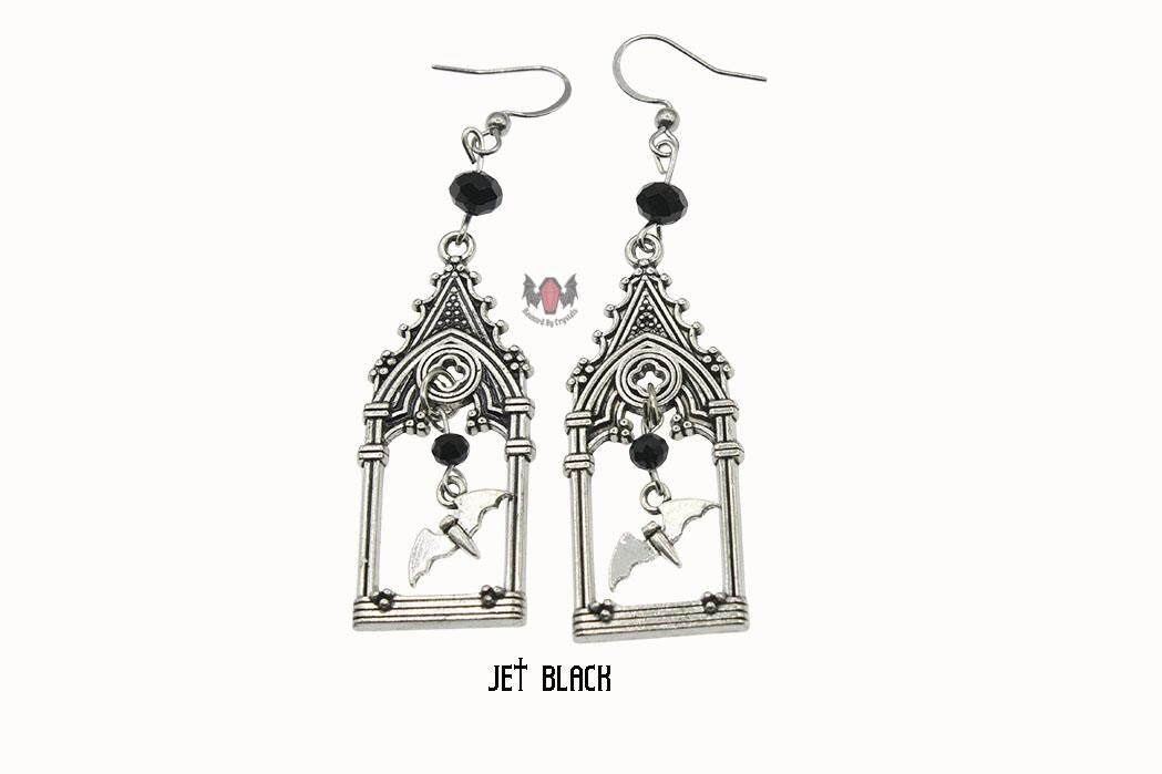 Gothic Cathedral Frame Bat Earrings