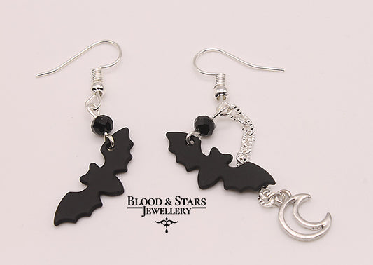 Asymmetric Bat And Moon Earrings