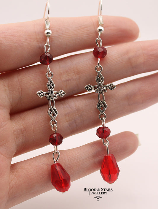 Gothic Cross Teardrop Black Red Earrings