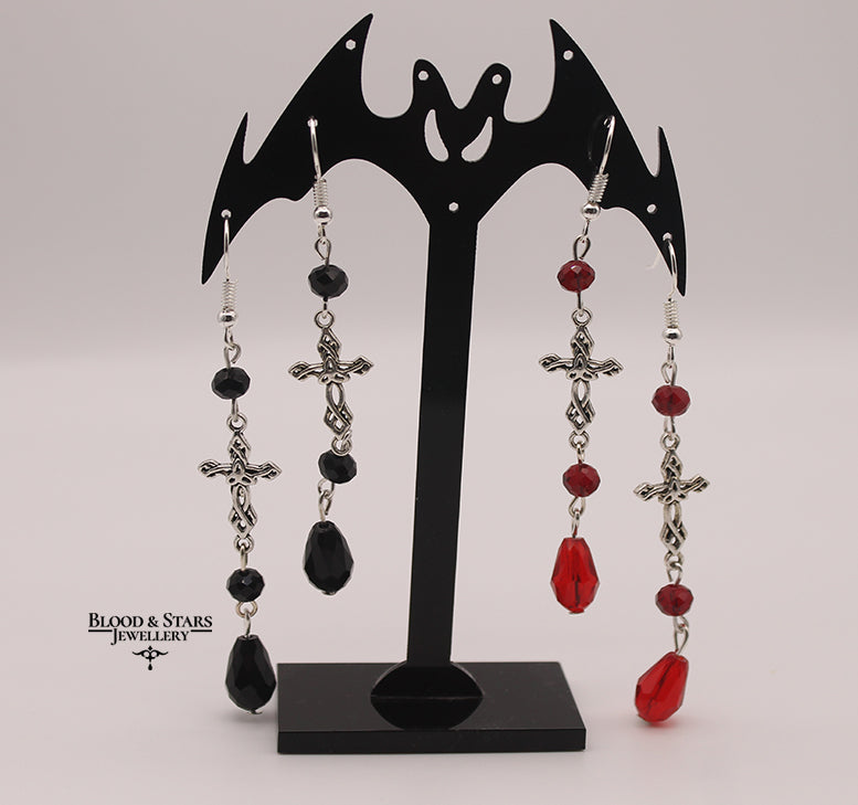 Gothic Cross Teardrop Black Red Earrings