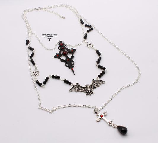 Gothic Black Cross Layered Vampire Bat Necklace