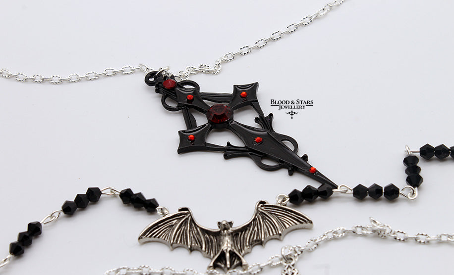 Gothic Black Cross Layered Vampire Bat Necklace