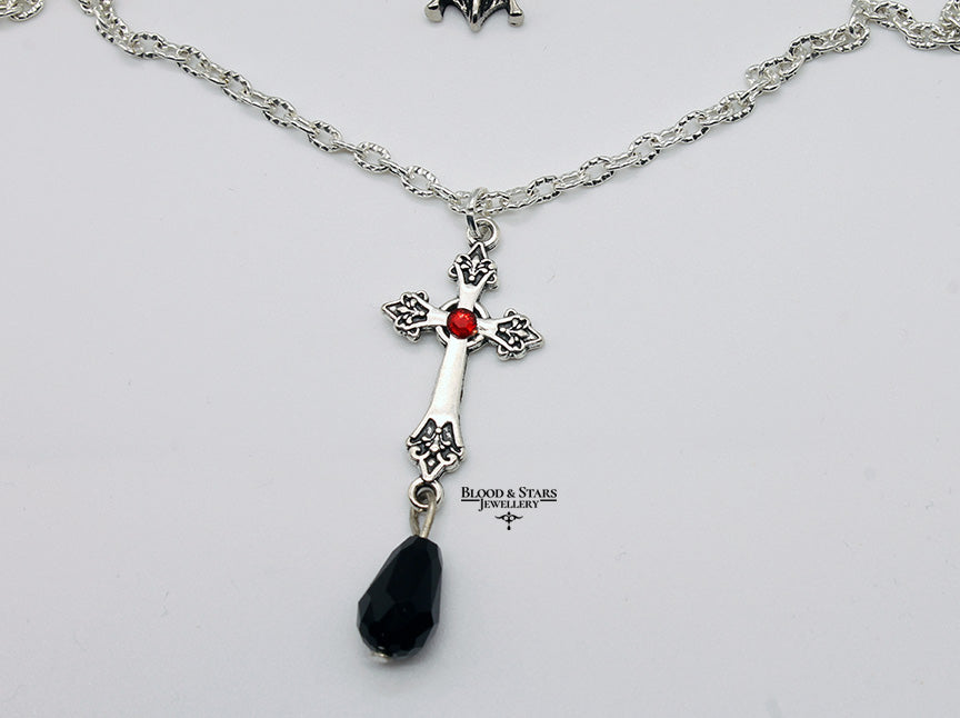 Gothic Black Cross Layered Vampire Bat Necklace