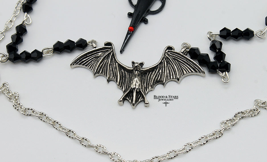 Gothic Black Cross Layered Vampire Bat Necklace