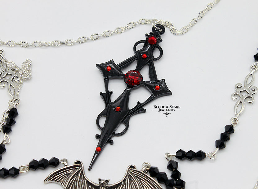 Gothic Black Cross Layered Vampire Bat Necklace