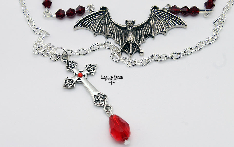 Gothic Black Cross Layered Vampire Bat Necklace