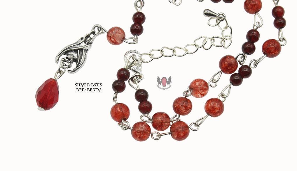 Gothic Vampire Hanging Bat Beaded Rosary Necklace