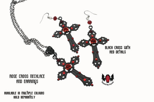 Gothic Black Rose Cross Earrings
