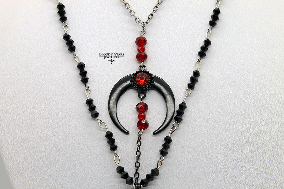 Crescent Black Silver Moon Layered Necklace