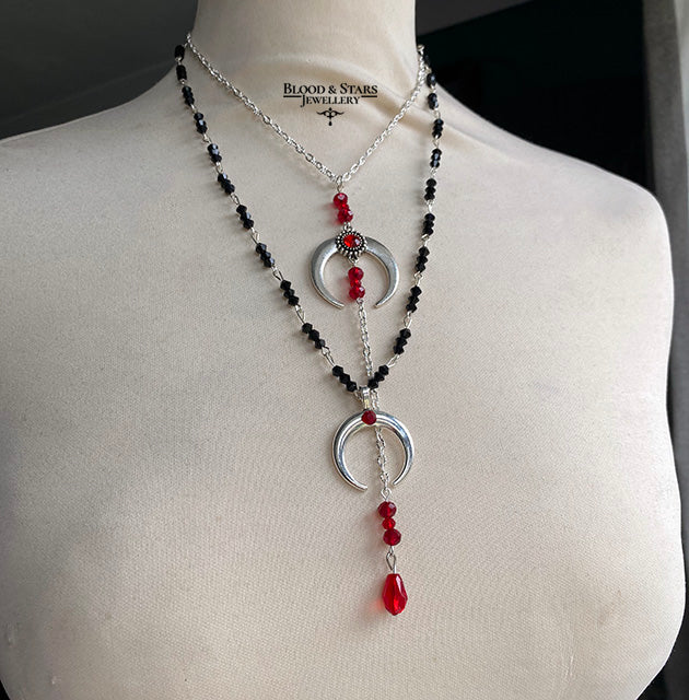 Crescent Black Silver Moon Layered Necklace