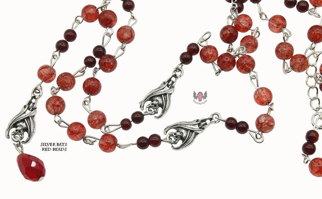 Gothic Vampire Hanging Bat Beaded Rosary Necklace