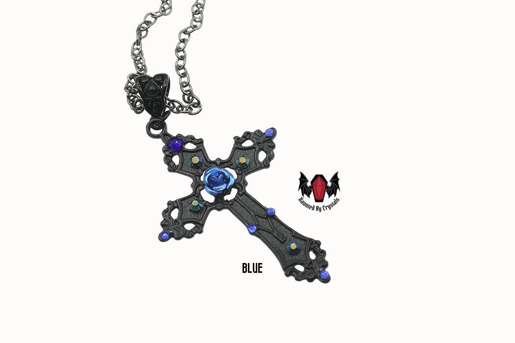 Gothic Rose Black Cross Crystal Necklace