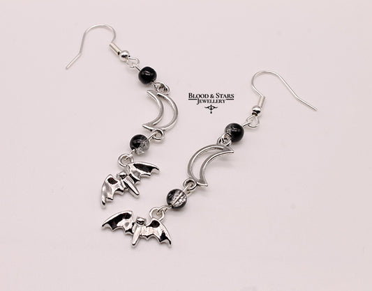 Sparkly Bat Crescent Moon Earrings