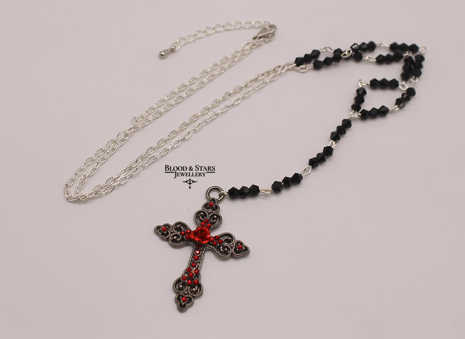 Gunmental Cross Rose Rosary Necklace