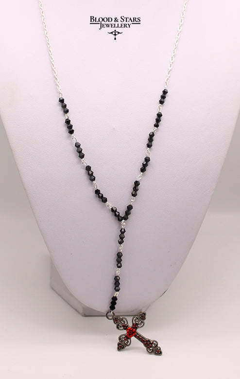 Gunmental Cross Rose Rosary Necklace