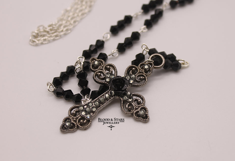 Gunmental Cross Rose Rosary Necklace