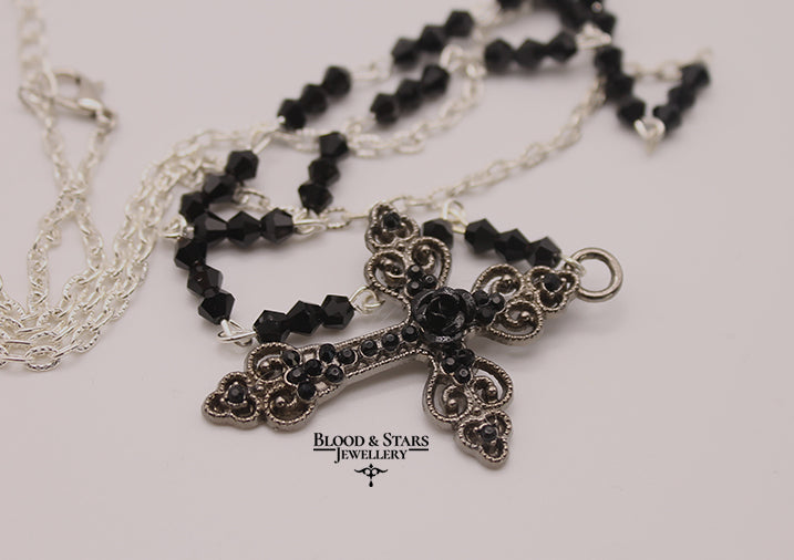 Gunmental Cross Rose Rosary Necklace