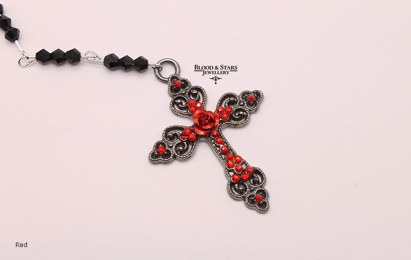 Gunmental Cross Rose Rosary Necklace