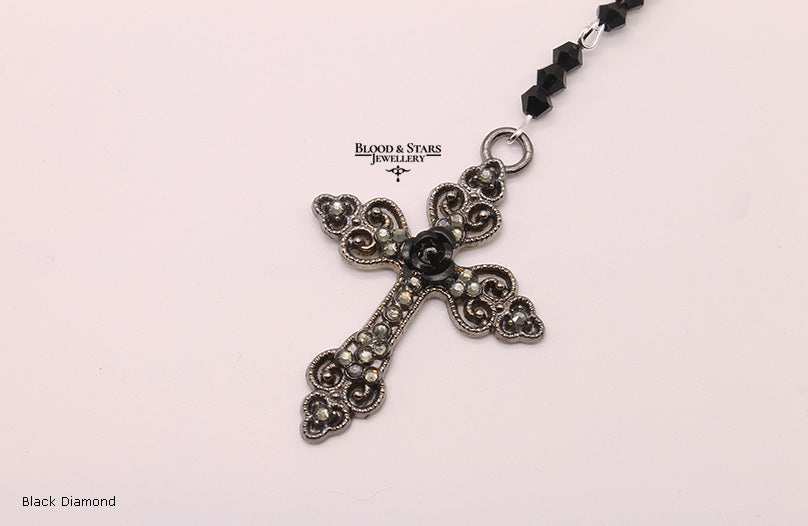 Gunmental Cross Rose Rosary Necklace