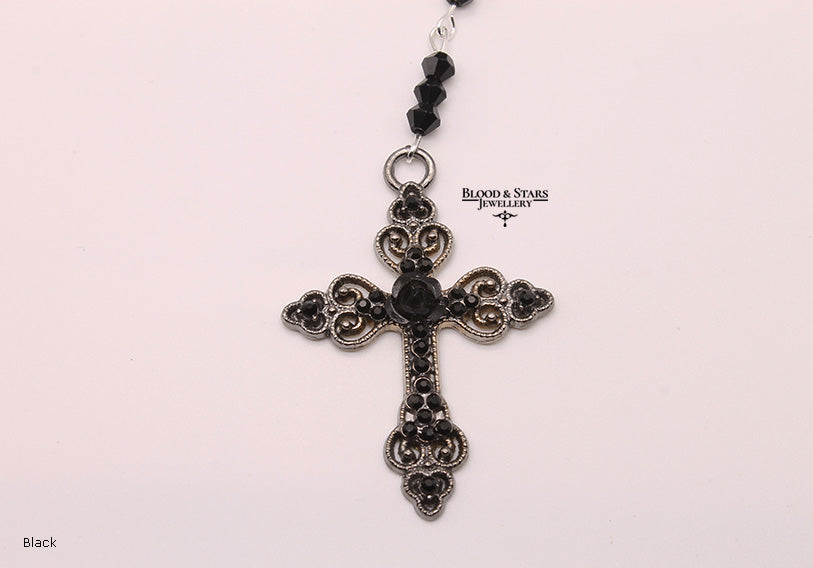 Gunmental Cross Rose Rosary Necklace